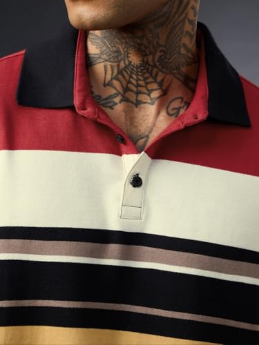 Image of The Souled Store Oversized Rugby Polo: Men and Boys Long Sleeve Spread Collar Striped Cotton Oversized Fit Breathable Everyday Lightweight All-Season Polos