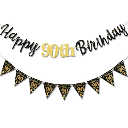 MAGLAUG 90th Birthday Decorations Banner Women Men Black Gold Happy 90thBirthday Banners for Men Women (Birthday 90th)