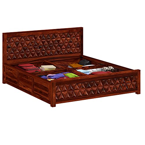 Image of STRATA FURNITURE Solid Sheesham Wood Navis King Size Bed with Box Storage | Palang Cots Wooden Double Beds | Ideal Furniture for Living Room Bedroom and Hotel (Honey Finish)