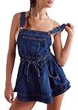 Women's Sleeveless Denim Romper Shorts Ruffle Hem Adjustable Strap Casual Jean Jumpsuits One Piece Outfits