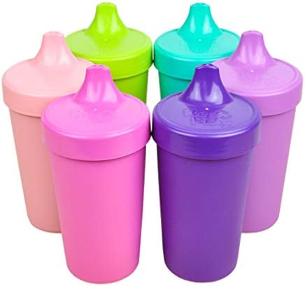 Re Play Made in the USA No Spill Sippy Cups in Aqua, Lime, Blush, Pink, Purple & Amethyst| ONE Piece Removeable Silicone Valve |BPA FREE|Dishwasher & Microwave Safe| Fairytale| Set of 6