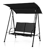 COSTWAY 2 Seater Garden Swing Chair, Powder Coated Metal Frame Rocking Hammock Bench with Adjustable Canopy, Outdoor Patio Yard Poolside Swing Lounger Seat (163 x 134 x 170cm, Black)