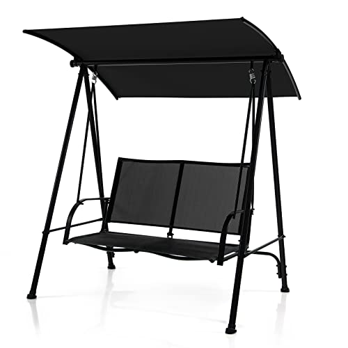 Image of Tangkula 2 Person Porch Swing, Patio Swing with Adjustable Canopy, Comfortable Fabric Seat & Heavy-Duty Steel Frame, Outdoor Canopy Swing for Patio, Garden, Poolside (Black)