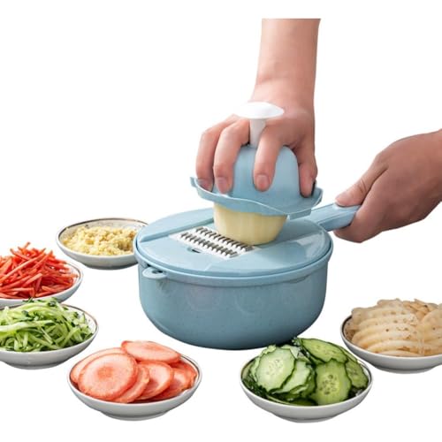 Dearollingキッチンの多機能カット神器ジャガイモの千切り器家庭用かすりおろし1セット9種類の用途スライサー野菜のキッチンツール水切り器卵黄食材セットスライサーミルサラダ滑り止め付き安全スタンド (12点セット,ブルー)