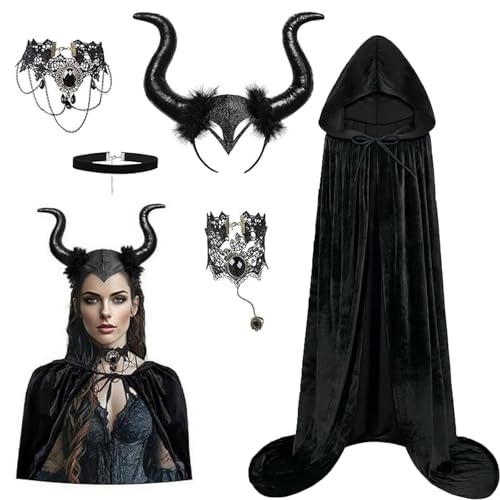 BIQIQI 5PCS Halloween Costume Evil Witch Costume Womens Headband with Demon Horn Halloween Bllack Cape with Hood Adult Retro Necklace Bracelet Devil Cosplay Set for Carnival Fancy Dress Party