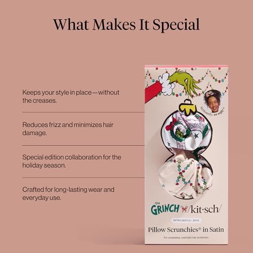 Image of The Grinch x Kitsch Pillow Satin Scrunchies for Women - Hair Ties No Damage, No Crease Hair Accessories | For Day or Night Use | Ideal Gifts for Women - 2pcs