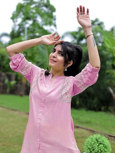 Image of Women's Viscose Rayon Embroidered A-Line Short Kurti Above Knee Regular Fit Tunic Top Office Wear Casual short kurti for women | office wear top | A-line kurti | raksha bandhan gift dress for women