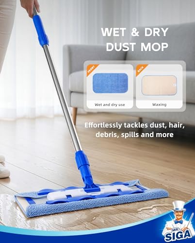 MR.SIGA Professional Microfiber Mop for Hardwood, Laminate, Tile Floor Cleaning, Stainless Steel Telescopic Handle - 3 Reusable Flat Mop Refills and 1 Dirt Removal Scrubber Included - Image 6
