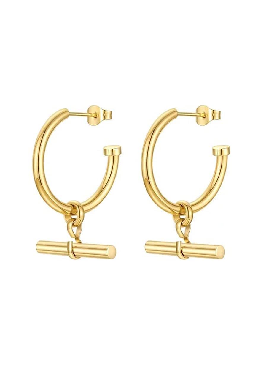 TITAN. 18K Gold T-Bar Pendant Hoop Earrings, T Bar Earrings, T Bar Pendant Earrings, T Bar Hoop Earrings, Pendant Hoop Earrings,