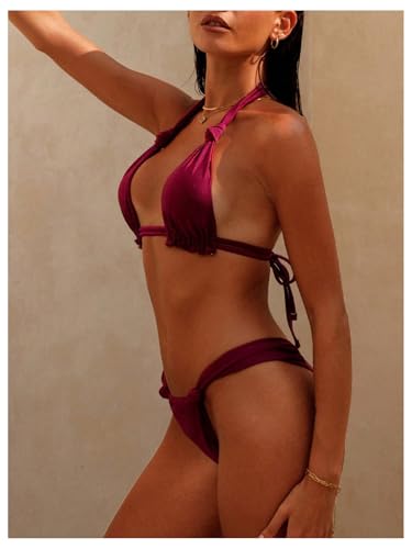 SOLY HUX Bathing Suit for Women Halter Triangle Knot Bikini Set Two Piece Swimsuit2