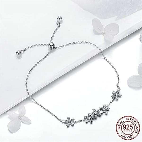 Pulsera de Margaritas con Purpurina de Plata de Ley 925 a la Moda, Cadena de eslabones for Mujer, Brazalete de Moda for Boda, Regalo de joyería de Plata S925