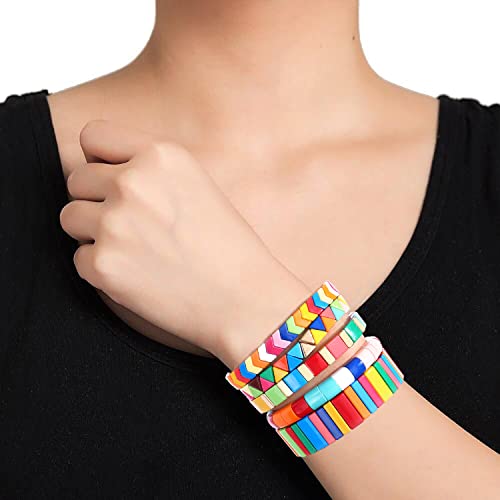 LOVETILE 5Pieces Colorful Tile Beaded Bracelets Enamel Block Strand Stretch Bracelets Bangle for Women Girls Birthday - Image 3