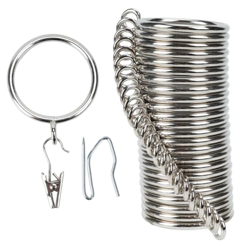 Vorhangringe und Hakenclip, 38 mm Innendurchmesser, komplettes Set mit Gardinenstangenringen, Haken und Clips, 24 Stück, Vorhangringe für Zwei Standard-Vorhänge Silber TXZWJZ