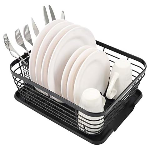 TQVAI Kitchen Dish Drainer Rack with Drying Board and Full-Mesh Silverware Utensils Holder, Black Cover