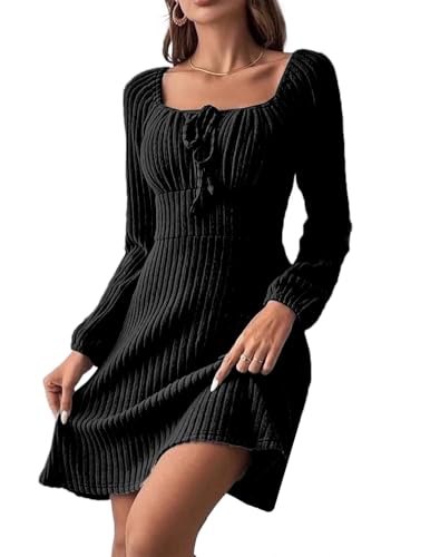 JENJON Femme Robe Pull Manches Longues Tunique Minirobe en Tricot A-Line Col Carré Taille Haute Casual Chic Robes Automne Hiver