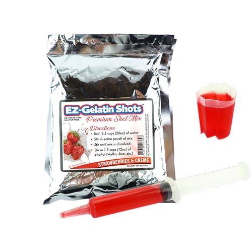 Strawberries & Creme Jello Shot Mix 6.78 oz - Premium Gluten-Free Jello Mix for Tasty Jello Shots - Easy to Make EZ Gelatin Powder Mix for Jello Shots - Adult New Year and Holiday Party Supplies