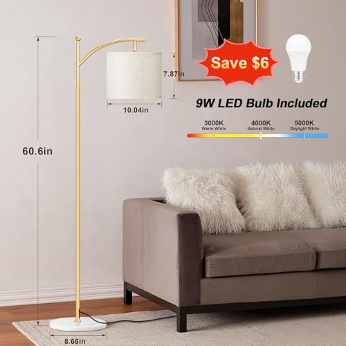 Image of Ambimall 60 inch Floor Lamp for Living Room with 3 Color Temperatures, Gold Standing Lamp with White Marble Base, Modern Tall Lamp for Bedroom Office, 9W LED Bulb Included