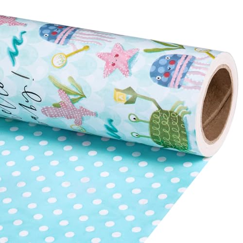 Image of RUSPEPA Baby Shower Reversible Wrapping Paper Roll, Mini Roll, Hello Baby Ocean Theme with Sea Turtles, Starfish, Jellyfish & Blue Polka Dots Gift Wrap for Birthday, Newborn Gift, 17 Inch x 9.8 Feet