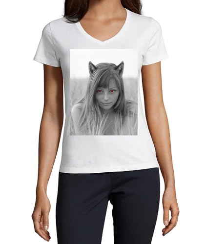 T-shirt col en V femme blanc en coton imprimé loup aux yeux rouges style artistique unique