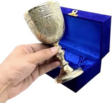 Handmade Golden Brass Vintage Chalice Medieval Goblet With Box, Renaissance Gifts for Wedding Anniversary Novelty Ceremonial Drinkware, Pack of 1 Cup