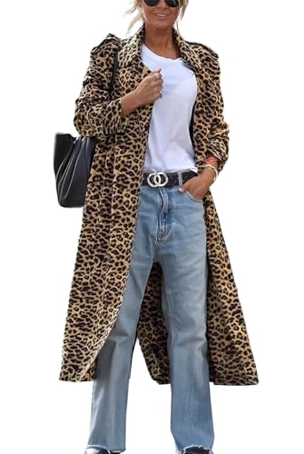 ebossy Women's Notch Lapel Leopard Print Duster Trench Coat Open Front Loose Faux Suede Mid Long Pea Coat