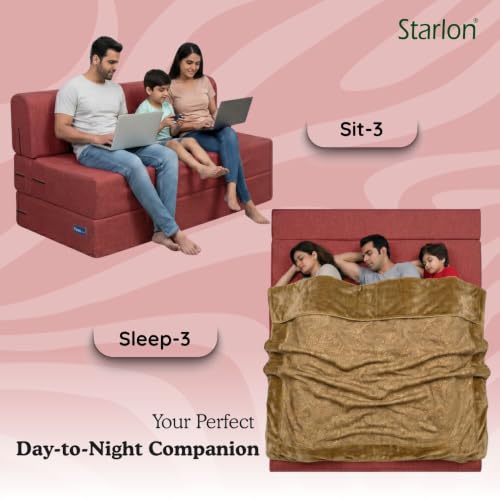 Image of Starlon 3 Seater Foldable Sofa Cum Bed 3-in-1 with Washable Jute Fabric Cover, Space Saving Guest Bed for Living Room & Apartment, Royal Maroon 6x6 Ft