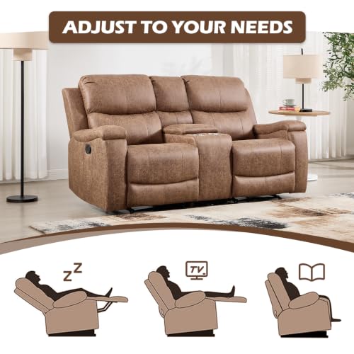 Image of CANMOV Manual Reclining Loveseat with Console,Faux Leather Double Recliner Loveseat Sofa with Hidden Storage and Cup Holders,Manual Recliner Loveseat Couch Set for Living Room,Nut Brown
