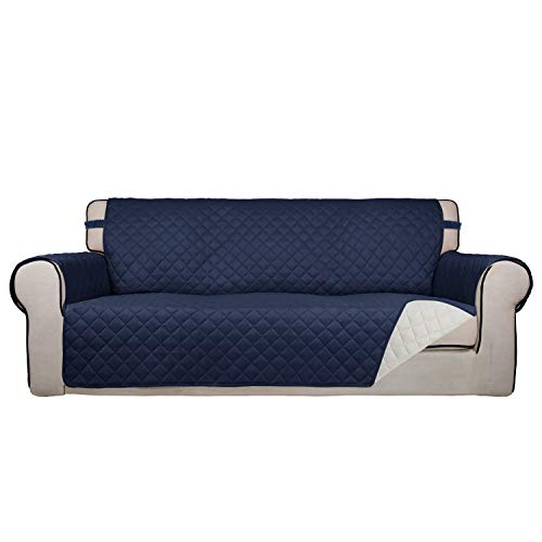 Image of PureFit Reversible Quilted Sofa Cover, Water Resistant Slipcover Furniture Protector, Washable Couch Cover with Non Slip and Elastic Straps for Kids, Pets (Oversized Sofa, Navy /Ivory)