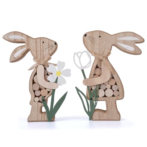 Easter Decorations for Table,Farmhouse Rustic Wooden Bunny with Metal...
