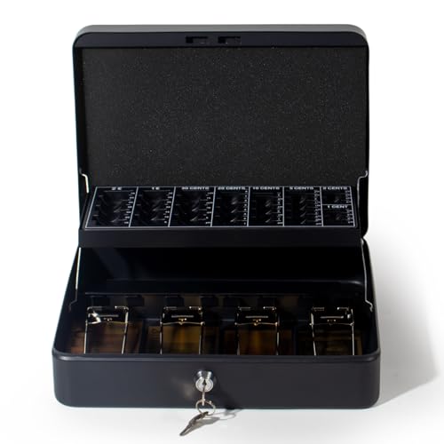 GREELUE Geldkassette Abschließbar Groß mit Münzzählbrett & Scheinfächern,30x24x9cm aus Stahl, Ideal als Spardose, Tresor, Haushaltskasse Schwarz