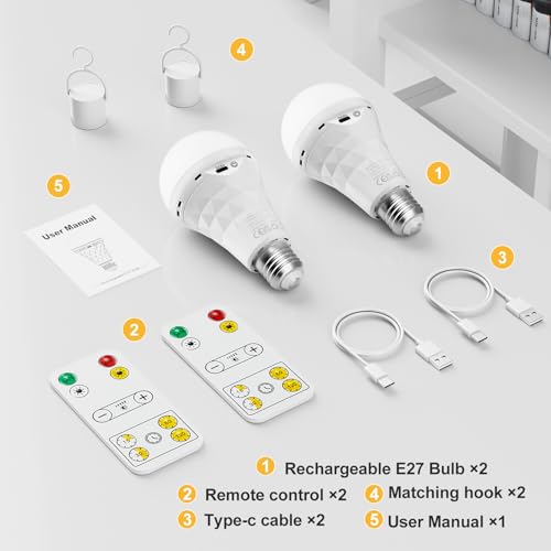 E27 LED Akku Glühbirne mit Fernbedienung 2Stück, Dimmbar Outdoor Lampe (3000K/4000K/6500K), 2600mAh Camping Lampen, Timer Leuchtmittel Sockel&USB Aufladbare Dual-Purpose Für Tischlampe/Camping
