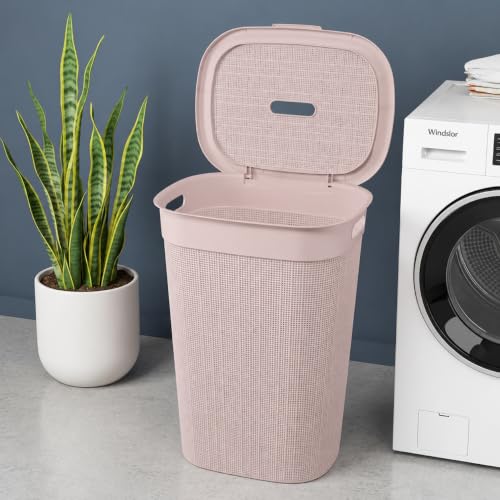 Image of KITCHIVO Plastic Large 55 Ltr Laundry Basket with Lid & Handle | Multipurpose Hamper Bins Storing Washable Clothes, Blankets | Household Ideal for Home & Bathroom (Woods Blush Pink)