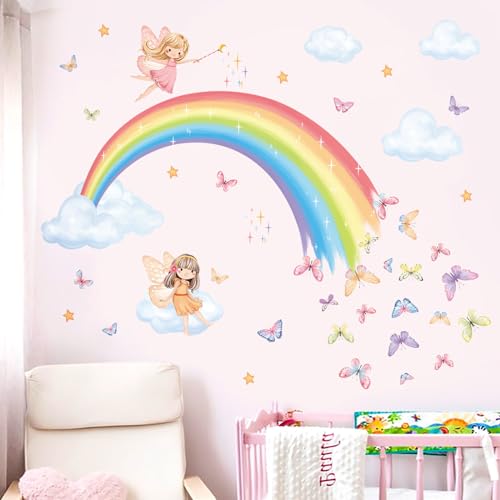 decalmile Rainbow Fairy Wall Decals Butterfly Clouds Stars Wall Stickers Girls Bedroom Baby Nursery Kids Room Wall Decor - Image 3