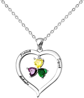 AGISLONE Personalized Heart 3 Names Necklace with 3 Birthstones Custom Mom Wife Girlfriend BFF Love Necklace Valentine's Day gift, Silver, Gold, Rose gold