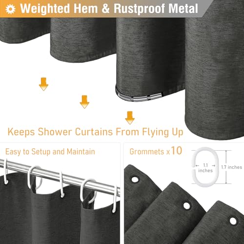 BTTN Stall Fabric Shower Curtain, 54x78 Inch Long Linen Cloth Heavy Duty Thick Shower Curtain Set with 10 Plastic Hooks, Hotel Spa Weighted Waterproof Neutral Bath Curtains for Bathroom, Charcoal Grey by BTTN - Image 4