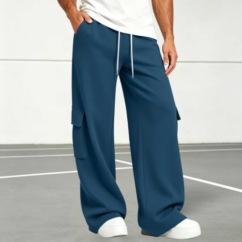 Mens Cargo Sweatpants Baggy Wide Leg Lightweight Hiking Track Pants Blue