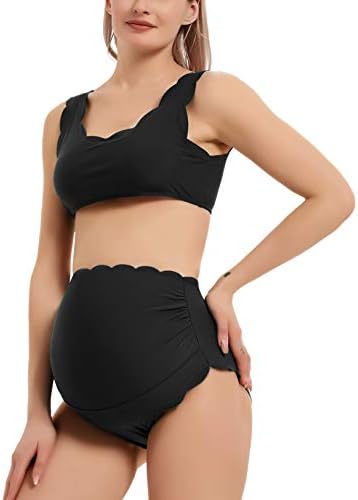 GINKANA Maternity Bikini Set Scalloped Bathing Suits Back Lace-up Tankini Swimsuits High Waist Swimwear Set for Pregnant Women,Black,M