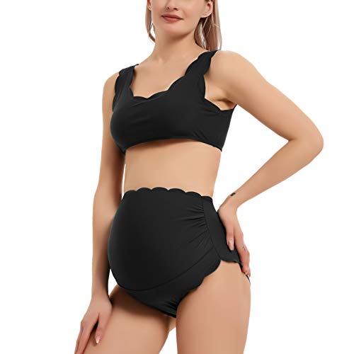 Ginkana Maternity Bikini Set Scalloped Bathing Suits Back Lace-Up Tankini Swimsuits High Waist Swimwear Set For Pregnant Women,Black,M #TOP7