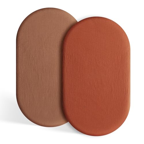 Image of TILLYOU Muslin Bassinet Sheets Girls Boys, 100% Cotton Bassinet Sheets, Fit Oval, Rectangle and Square Mattress, 2 Pack,Caramel&Brown