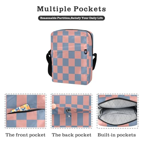 mens messenger bag Small Crossbody Bags For Women Casual Purse Cross Body Adjustable Strap for Travel Travel- Light Coral and Gray-blue Checkerboard Pattern2