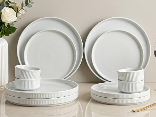 Image of Bodhi House 12-Piece Ribbed Porcelain Dinner Set for 4, White Dinnerware Set with 4 Dinner Plates, 4 Quarter Plates & 4 Katori, Microwave & Dishwasher Safe, Chip Resistant Crockery Set