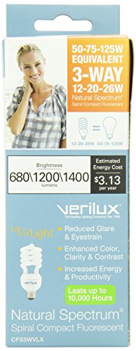 Verilux 3-Way Natural Spectrum Spiral Compact Fluorescent Bulb, Single Pack #TOP1