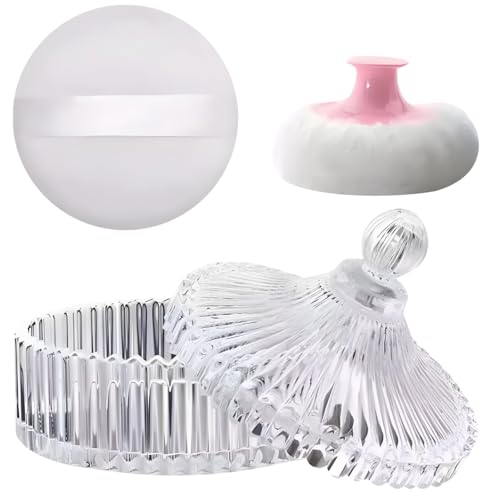 LUMINFLY Body Powder Puff with Extra Large Container, Transparent Stripes, Glass Fiber Material, Elegant
