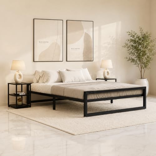 Image of Queen Size Metal Bed Frame | Queen Metal Bed | QueenSize Iron Bed | Queen Steel Bed | Heavy Duty Platform Bed | Double Bed Cot | Steel Slat Bed Frame | Powder Coated | No Box Spring Needed | Black