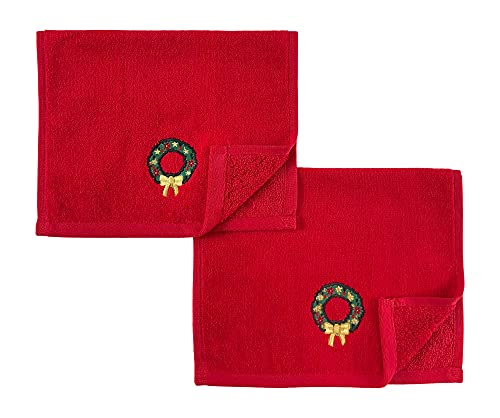 Luxury Christmas Towel Set: Cotton Terry Fingertip Towels, Traditional Green Wreath Gold Bow Design, Set Of 2 #TOP1