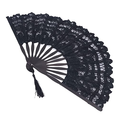 Folding Fan Tassels Decoration Hallow Small for Bones Style Clothes Lace Fan Wedding Supplies Lace Decorative Folding Fans (Black)