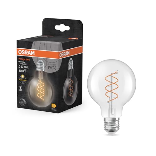 Osram Vintage 1906 Globe ist eine warmweiße dimmbare LED-Lampe in klassischer Ballform mit spiralförmigem Filament. Sie bietet 7.2 W für 806 lm E27 Fassung klarfarbenes Glas 80 mm Durchmesser.