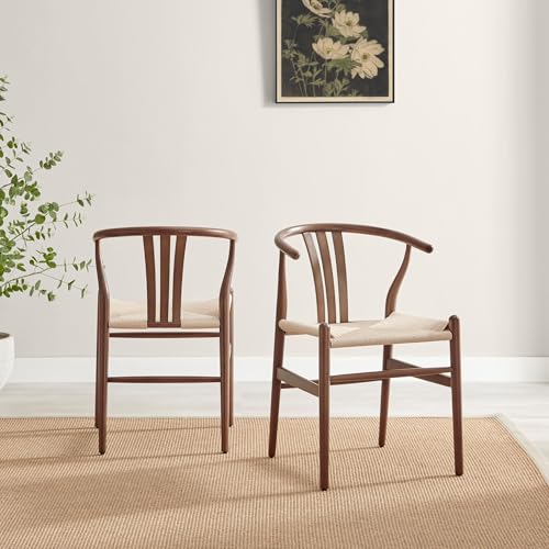 Furniturebox UK Dining Furniture, Caia Set of 2 Dark Wooden Dining Chairs, Scandi Wishbone Style Walnut Effect Wood Seats with Y-Back, Woven Paper Rope Seats, Solid Beech Frame, Fully Assembled