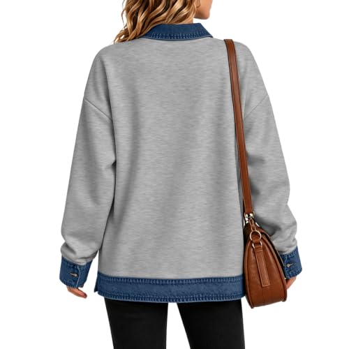 Women Polo Shirt Button Denim Patchwork Lapel Collar Long Sleeve Tops - image 6