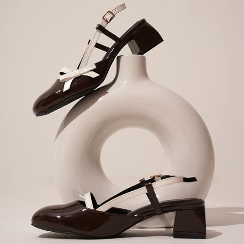 Image of JM LOOKS Women's Glossy Buckle Strap Mary Jane Block Heel with Bow Detail